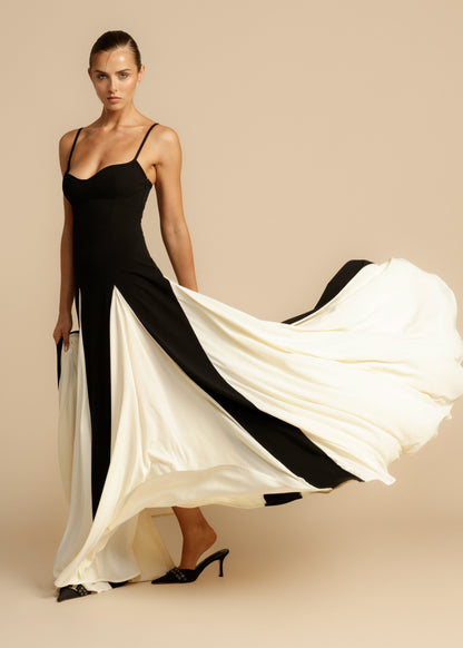 Juliette - Robe Invitée Mariage Femme Élégante Bicolore avec Bretelles Fines et Jupe Évasée
