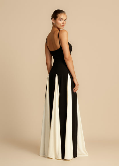 Juliette - Robe Invitée Mariage Femme Élégante Bicolore avec Bretelles Fines et Jupe Évasée