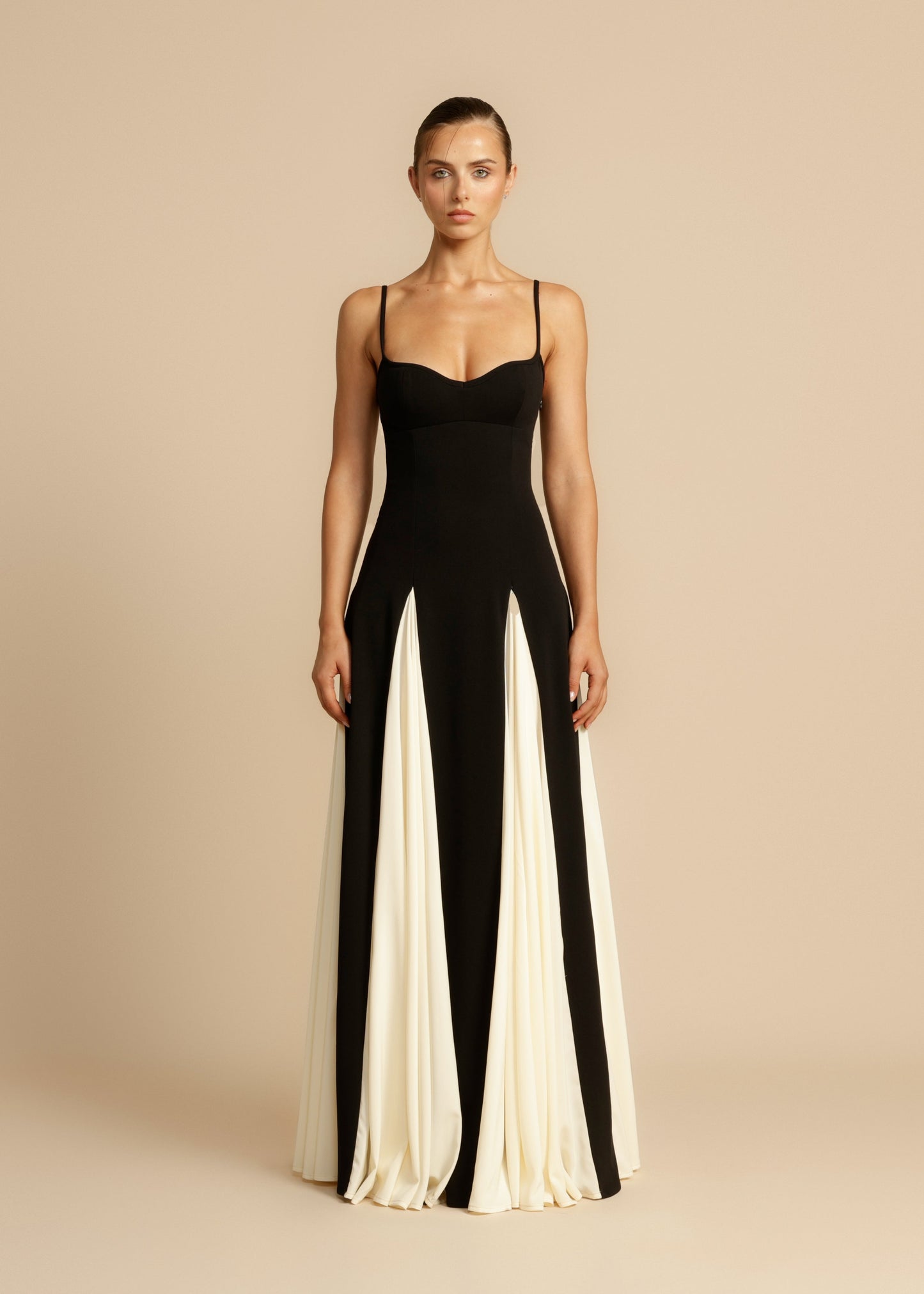 Juliette - Robe Invitée Mariage Femme Élégante Bicolore avec Bretelles Fines et Jupe Évasée