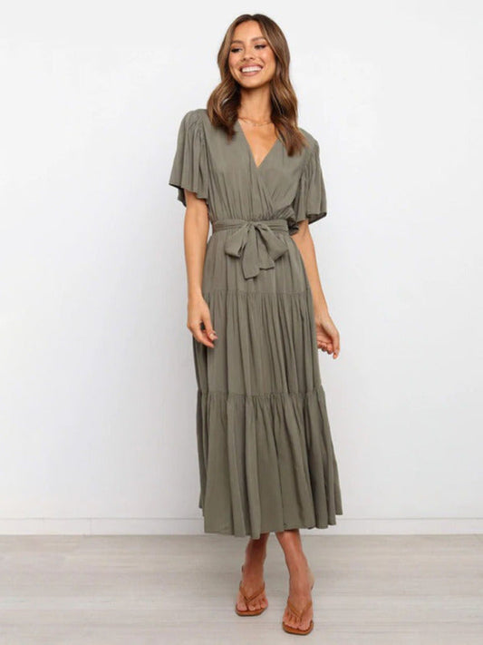 Juliette - Robe Invitée Mariage Femme Élégante à Col Portefeuille et Ceinture