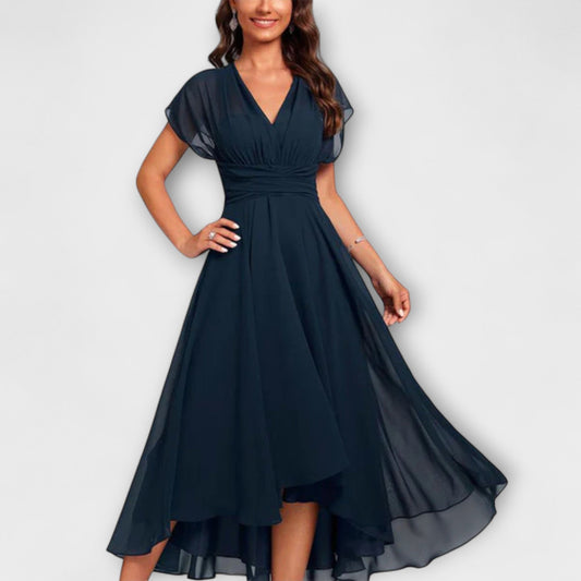 Juliette - Robe Invitée Mariage Femme Élégante Col V Voilé et Ourlet Asymétrique