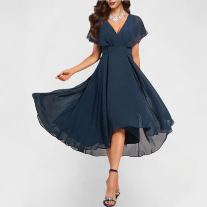 Juliette - Robe Invitée Mariage Femme Élégante Col V Voilé et Ourlet Asymétrique