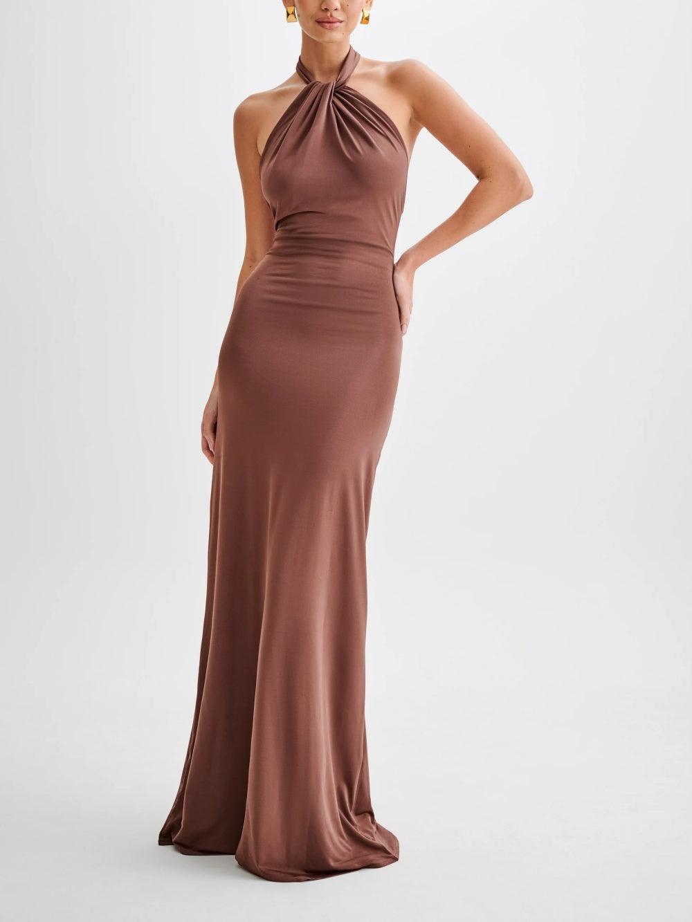 Juliette - Robe Invitée Mariage Femme Élégante Longue avec Col Halter Torsadé et Drapé