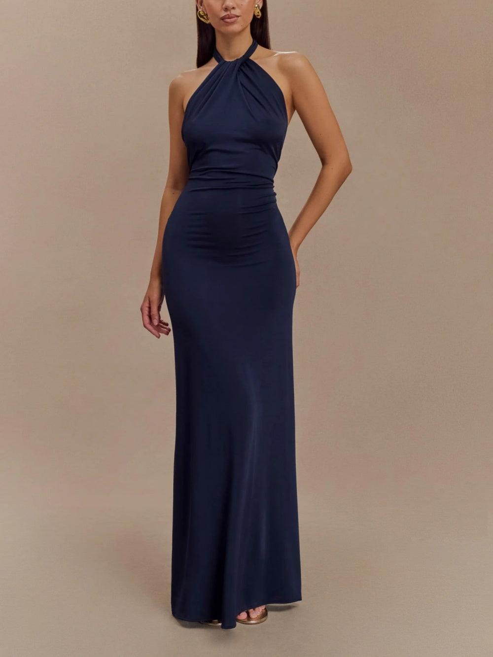 Juliette - Robe Invitée Mariage Femme Élégante Longue avec Col Halter Torsadé et Drapé