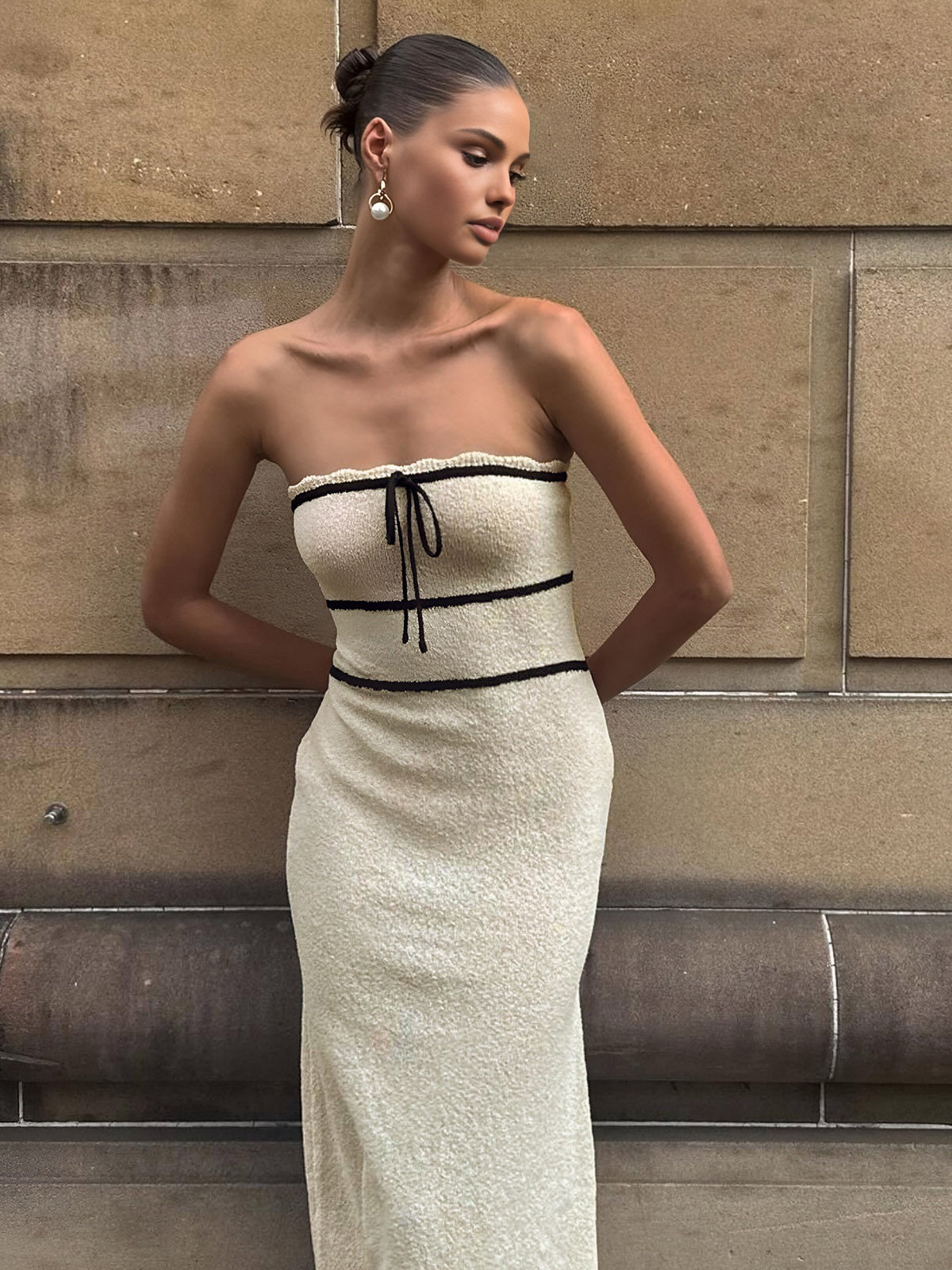 Juliette - Robe Mariage Invitée Midi Femme Chic avec Bustier Bandeau et Liseré Contrasté