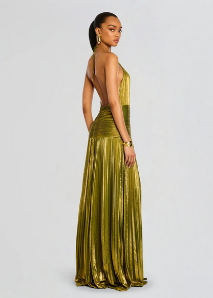 Juliette - Robe Maxi Glamour Invitée Mariage Femme avec Col Halter Plissé et Fente Latérale