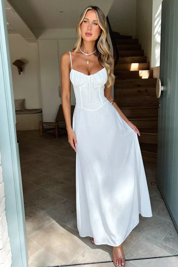 Juliette - Robe Maxi Romantique Invitée Mariage Femme avec Bustier Froncé et Bretelles Fines