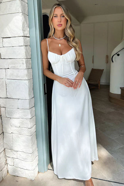 Juliette - Robe Maxi Romantique Invitée Mariage Femme avec Bustier Froncé et Bretelles Fines