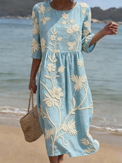 Juliette - Robe Midi Bohème Femme en Lin avec Broderies Florales et Taille Froncée Élégante