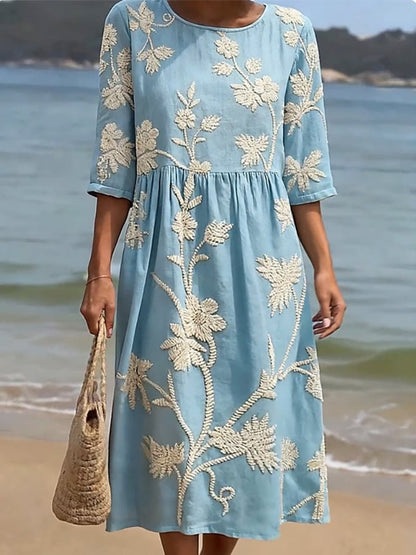 Juliette - Robe Midi Bohème Femme en Lin avec Broderies Florales et Taille Froncée Élégante