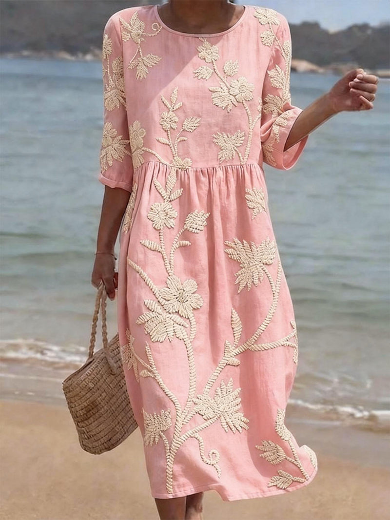 Juliette - Robe Midi Bohème Femme en Lin avec Broderies Florales et Taille Froncée Élégante