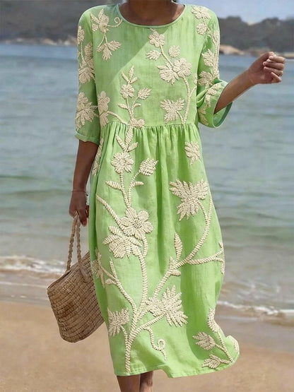 Juliette - Robe Midi Bohème Femme en Lin avec Broderies Florales et Taille Froncée Élégante