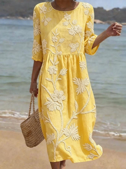 Juliette - Robe Midi Bohème Femme en Lin avec Broderies Florales et Taille Froncée Élégante