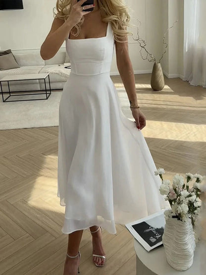 Juliette - Robe Élégante Invitée Mariage Femme avec Bretelles et Jupe Évasée