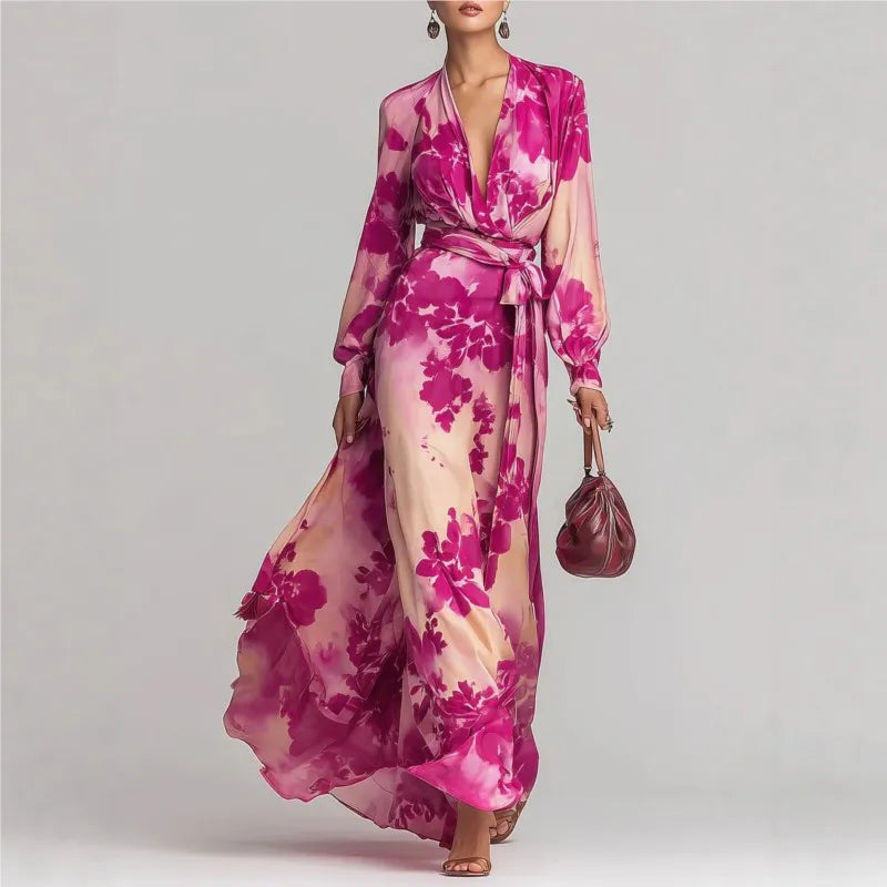 Juliette - Robe Élégante Invitée Mariage Femme avec Col V et Ceinture Fleurie