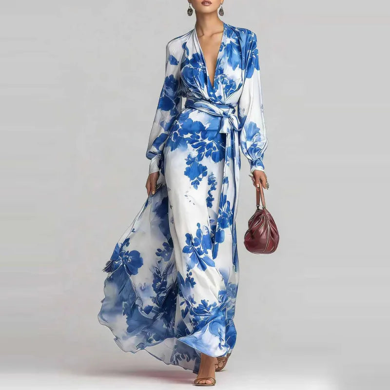 Juliette - Robe Élégante Invitée Mariage Femme avec Col V et Ceinture Fleurie