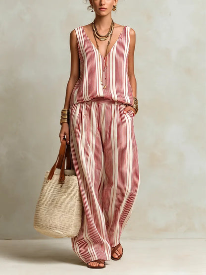Léa - Ensemble en Lin Bohème Femme à Rayures avec Top Col en V et Pantalon Large Fluide