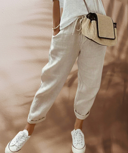 Léa - Pantalon Casual Femme en Lin avec Taille Élastiquée et Revers aux Chevilles
