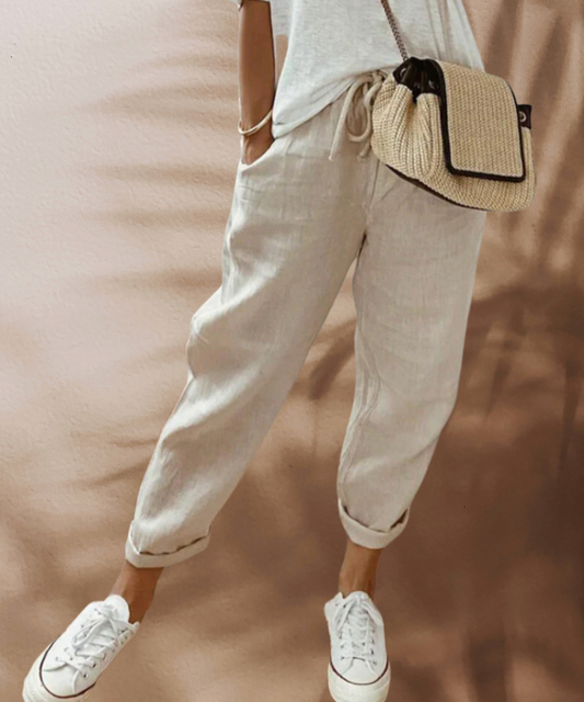 Léa - Pantalon Casual Femme en Lin avec Taille Élastiquée et Revers aux Chevilles