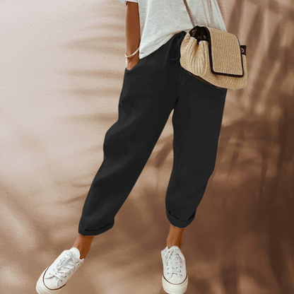 Léa - Pantalon Casual Femme en Lin avec Taille Élastiquée et Revers aux Chevilles