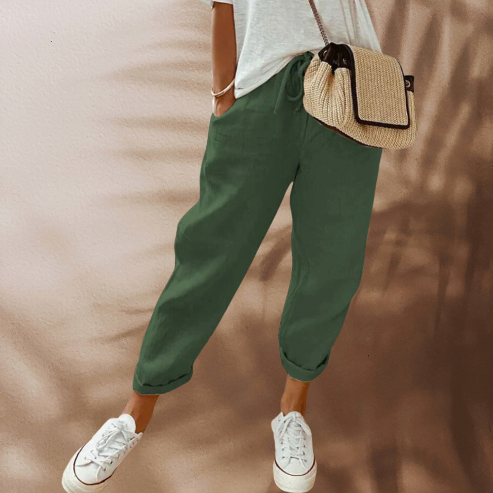 Léa - Pantalon Casual Femme en Lin avec Taille Élastiquée et Revers aux Chevilles