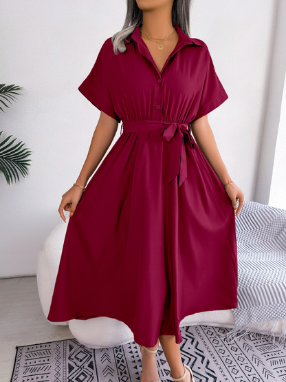 Léa - Robe Invitée Mariage Femme Chic Chemise Boutonnée Ceinturée et Jupe Évasée