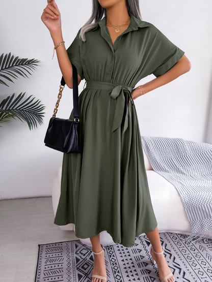 Léa - Robe Invitée Mariage Femme Chic Chemise Boutonnée Ceinturée et Jupe Évasée