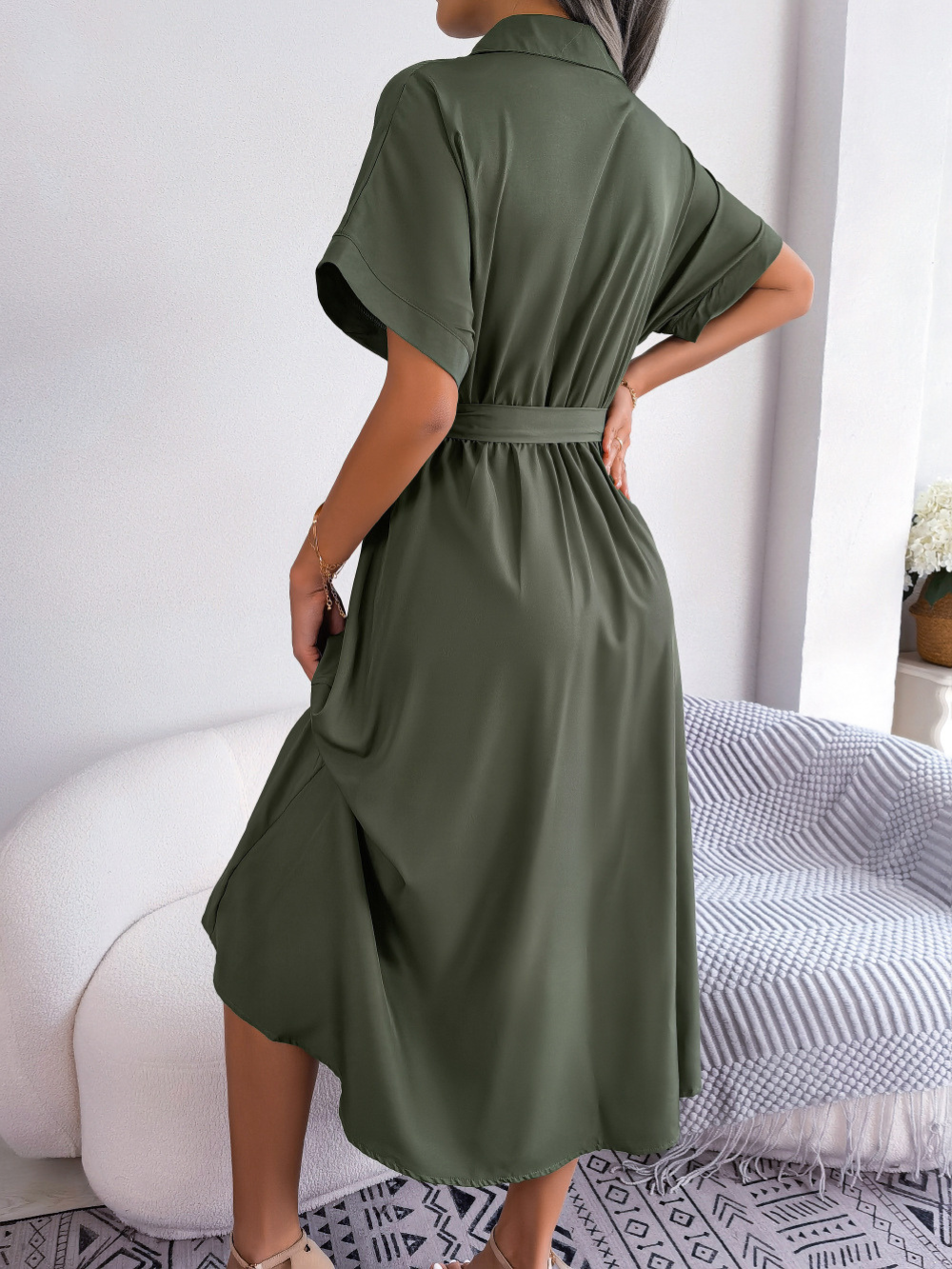 Léa - Robe Invitée Mariage Femme Chic Chemise Boutonnée Ceinturée et Jupe Évasée