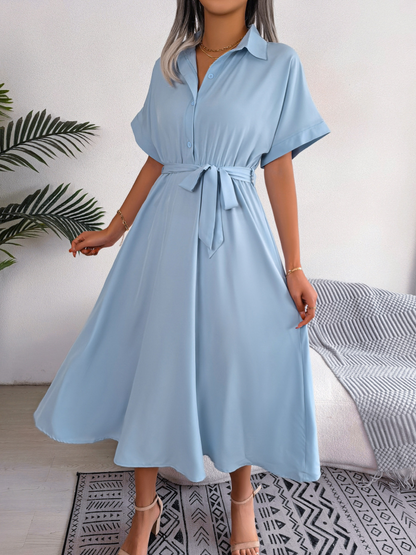 Léa - Robe Invitée Mariage Femme Chic Chemise Boutonnée Ceinturée et Jupe Évasée