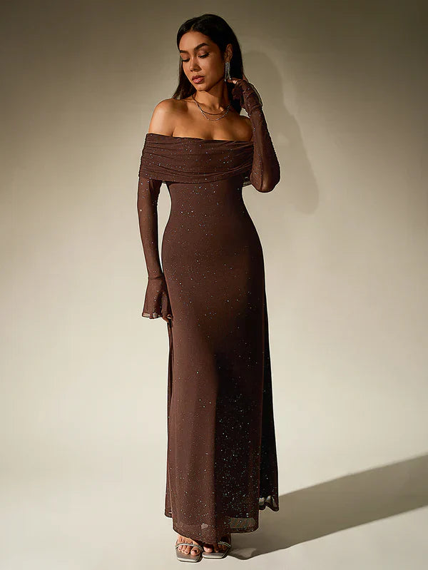 Léa - Robe Invitée Mariage Femme Maxi Épaules Dénudées avec Manches Longues Élégante