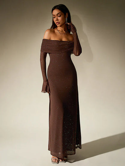 Léa - Robe Invitée Mariage Femme Maxi Épaules Dénudées avec Manches Longues Élégante