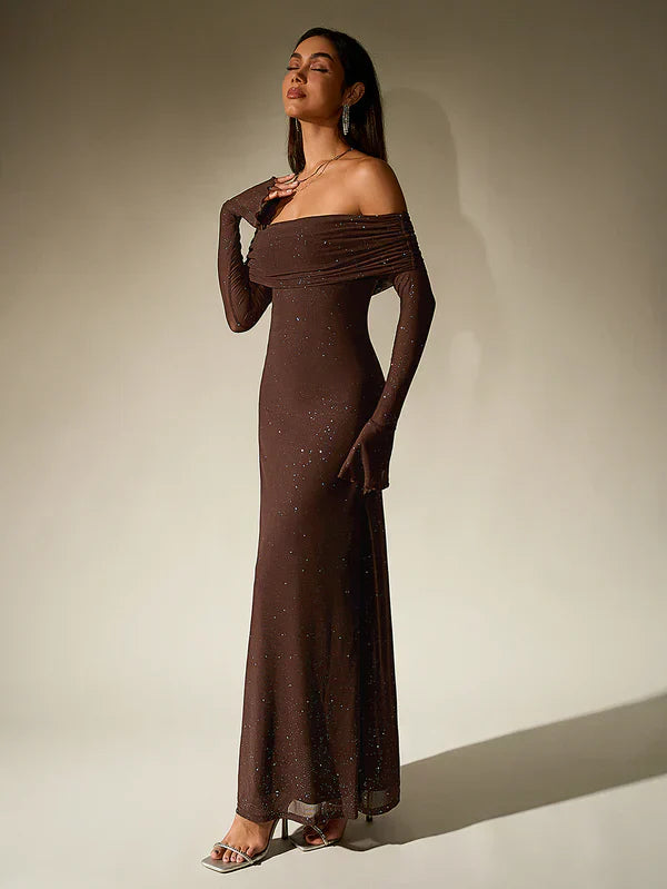 Léa - Robe Invitée Mariage Femme Maxi Épaules Dénudées avec Manches Longues Élégante