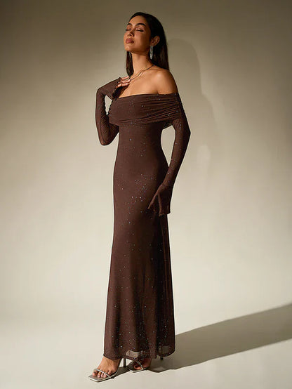Léa - Robe Invitée Mariage Femme Maxi Épaules Dénudées avec Manches Longues Élégante