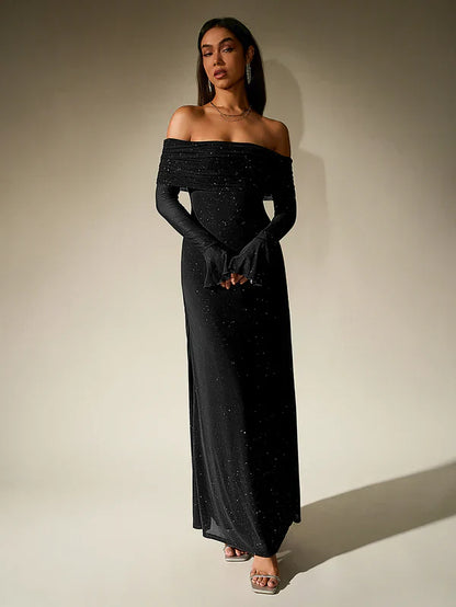 Léa - Robe Invitée Mariage Femme Maxi Épaules Dénudées avec Manches Longues Élégante