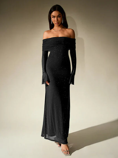 Léa - Robe Invitée Mariage Femme Maxi Épaules Dénudées avec Manches Longues Élégante