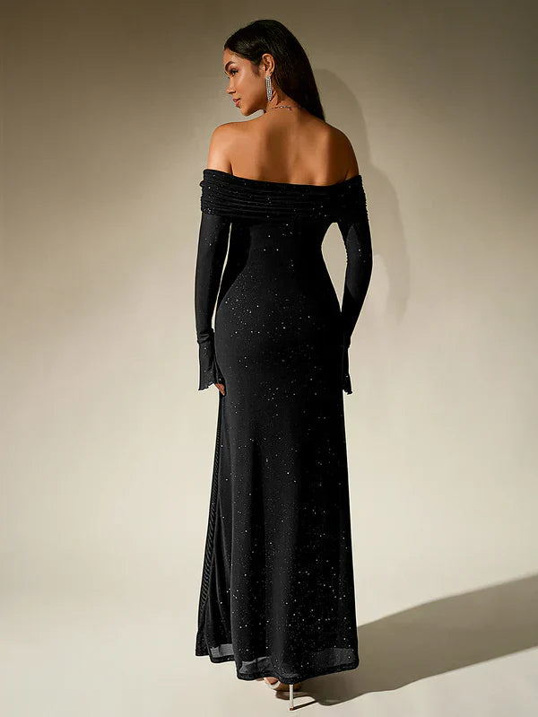 Léa - Robe Invitée Mariage Femme Maxi Épaules Dénudées avec Manches Longues Élégante
