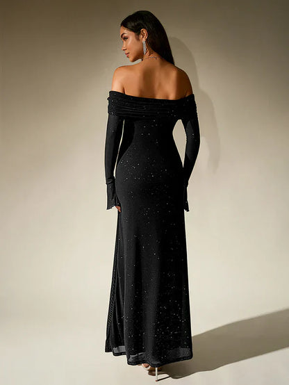 Léa - Robe Invitée Mariage Femme Maxi Épaules Dénudées avec Manches Longues Élégante