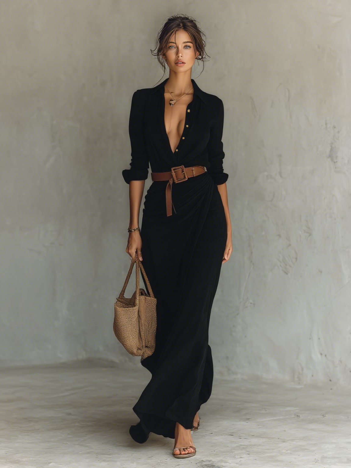 Léa - Robe Longue Chic Femme avec Ceinture et Col Chemise Décolleté