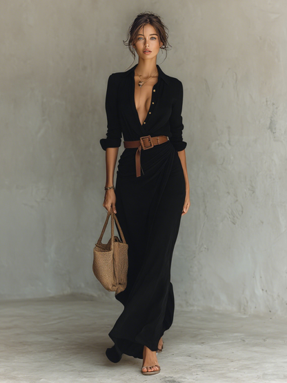 Léa - Robe Longue Chic Femme avec Ceinture et Col Chemise Décolleté