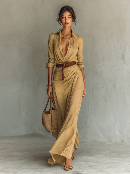 Léa - Robe Longue Chic Femme avec Ceinture et Col Chemise Décolleté