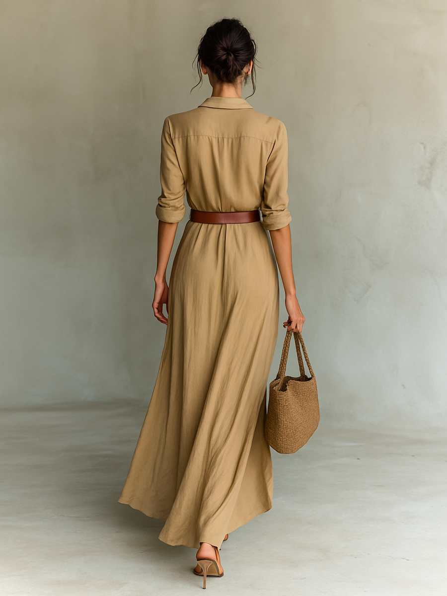 Léa - Robe Longue Chic Femme avec Ceinture et Col Chemise Décolleté