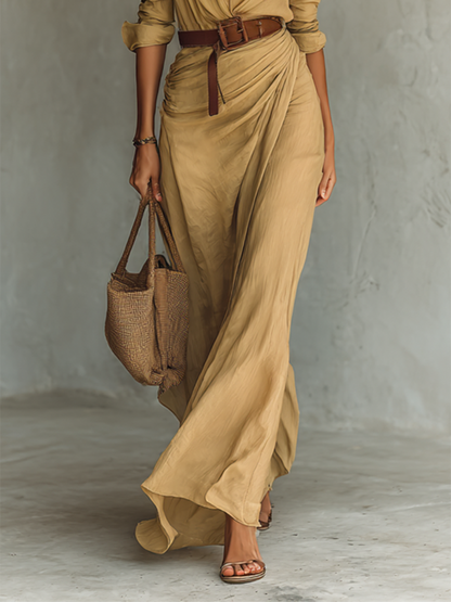 Léa - Robe Longue Chic Femme avec Ceinture et Col Chemise Décolleté