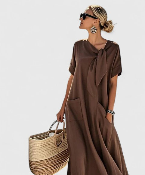 Léa - Robe Longue Décontractée Femme avec Nœud et Poches Amples