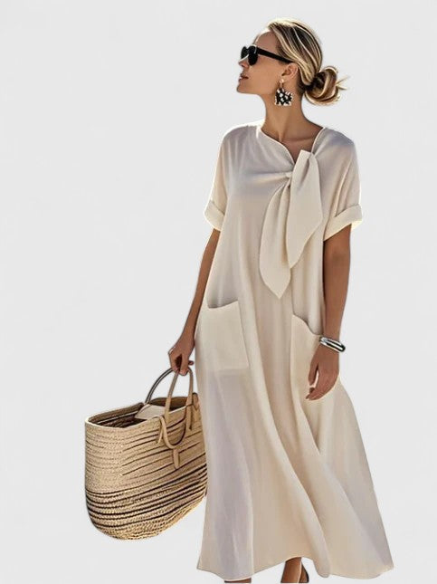 Léa - Robe Longue Décontractée Femme avec Nœud et Poches Amples