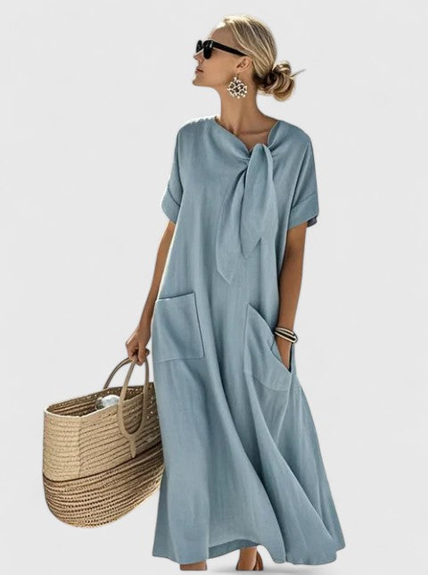 Léa - Robe Longue Décontractée Femme avec Nœud et Poches Amples