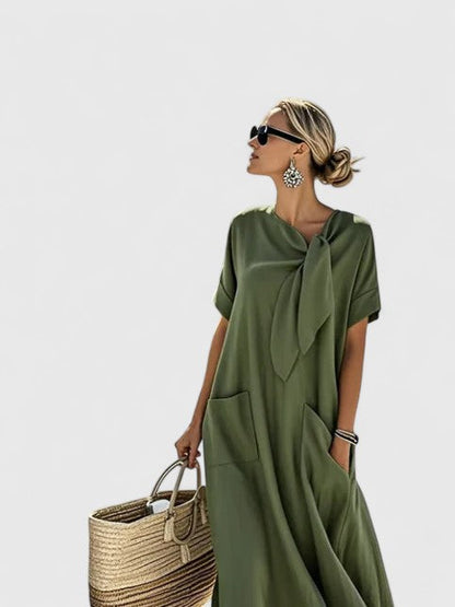 Léa - Robe Longue Décontractée Femme avec Nœud et Poches Amples