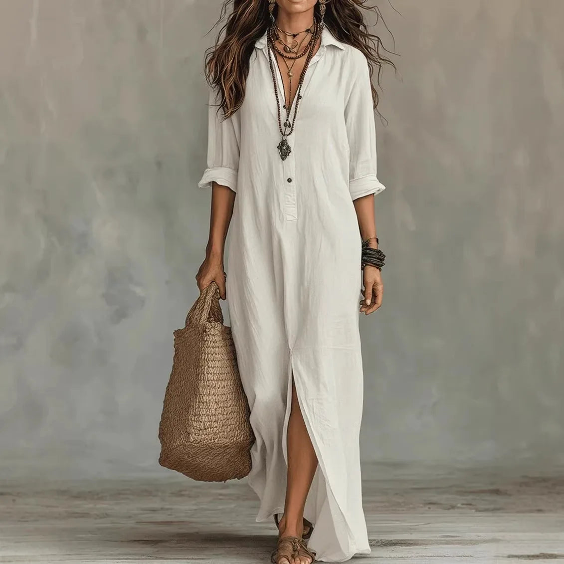 Léa - Robe Maxi Bohème Femme en Lin avec Col Chemise et Fente Latérale