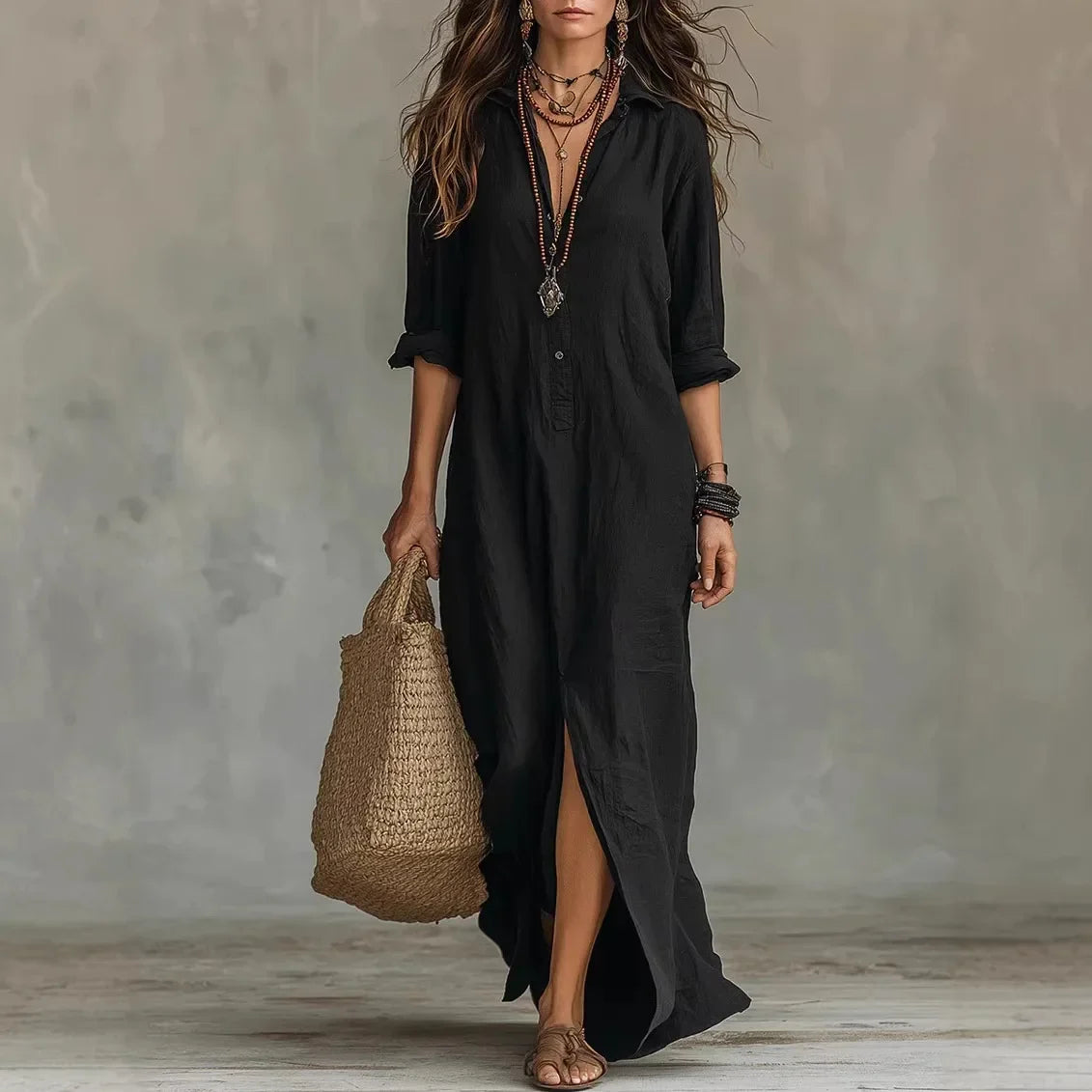Léa - Robe Maxi Bohème Femme en Lin avec Col Chemise et Fente Latérale