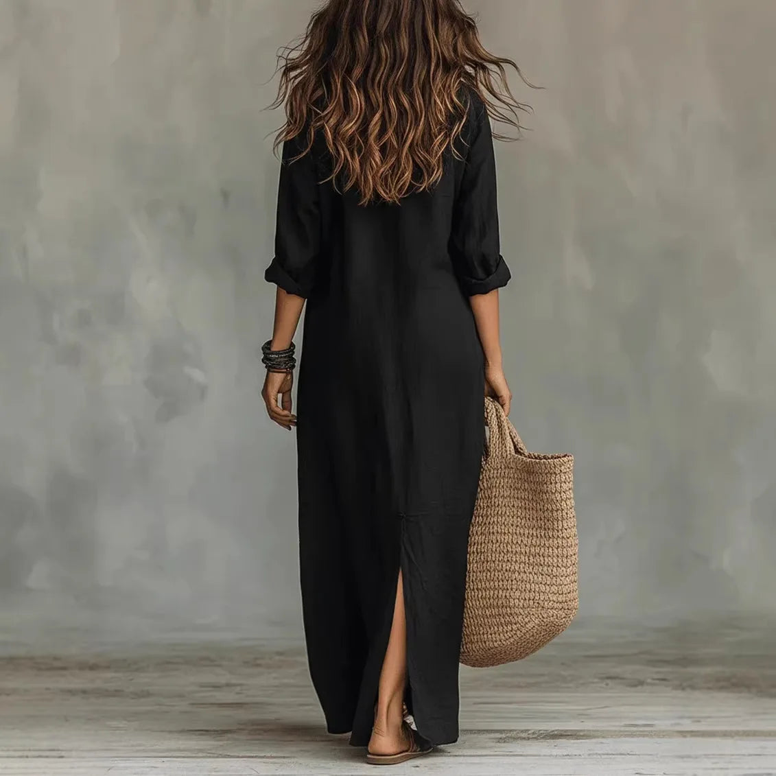 Léa - Robe Maxi Bohème Femme en Lin avec Col Chemise et Fente Latérale