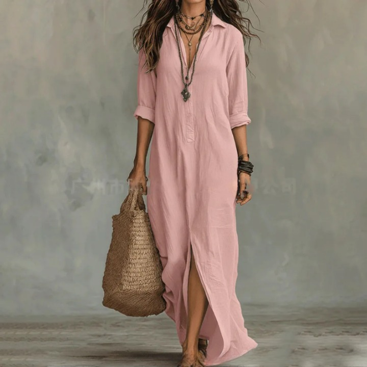 Léa - Robe Maxi Bohème Femme en Lin avec Col Chemise et Fente Latérale